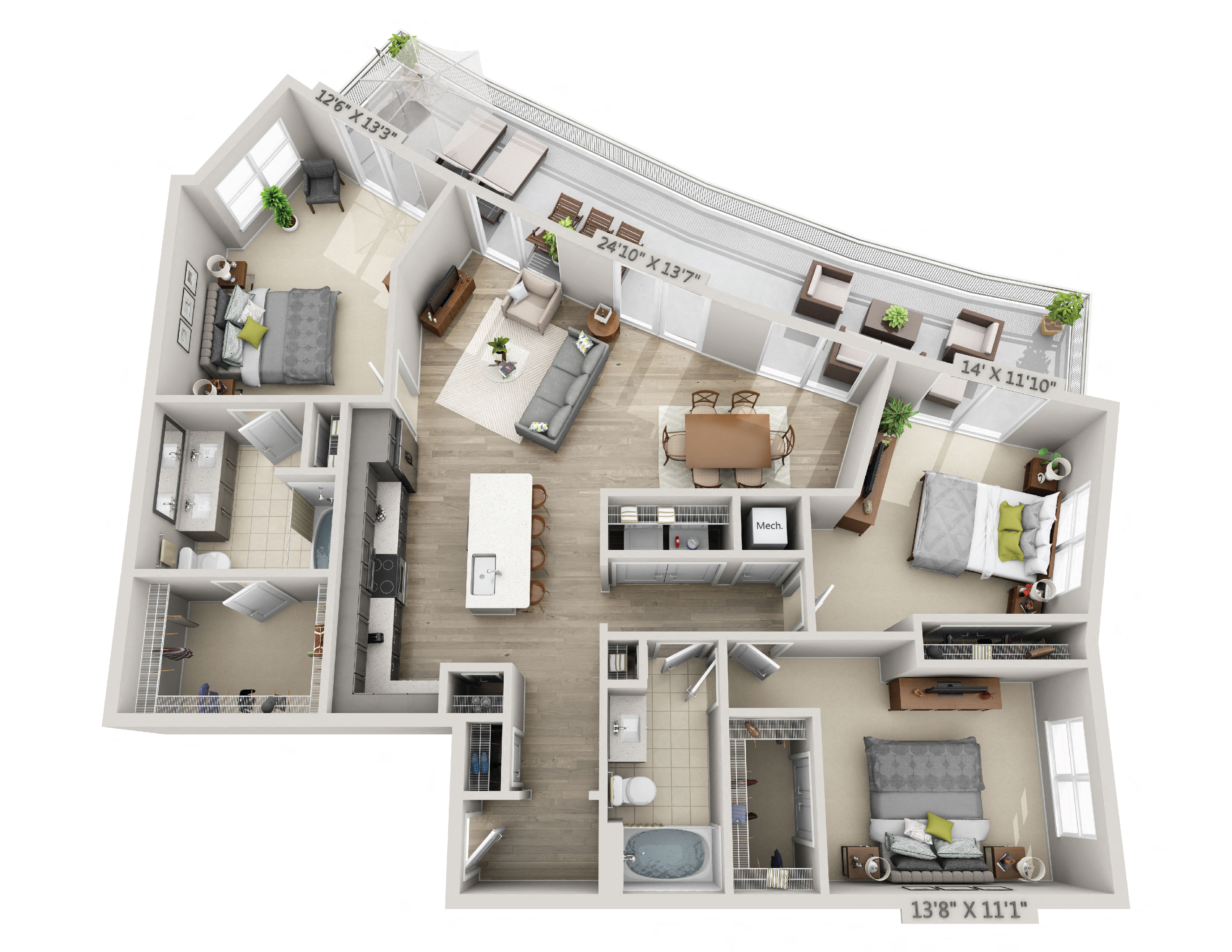 Floor plan for 3 beds, 2 baths, 1609 sqft